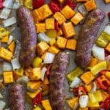 Sheet Pan Sausage and Peppers with Sweet Potatoes with a text bar at the top