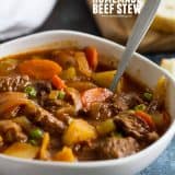 bowl of Beef Stew with text in the top corner