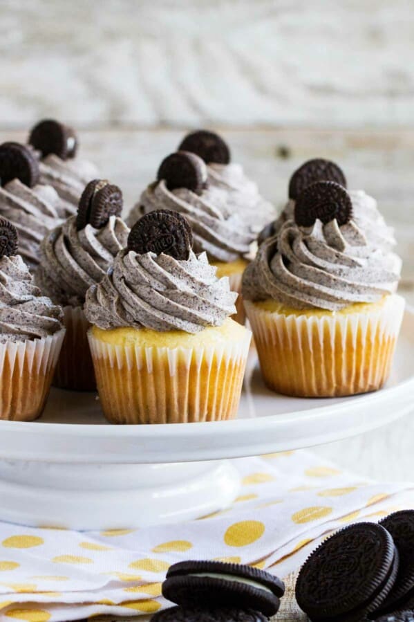 Cookies and Cream Cupcakes on a baking stand.