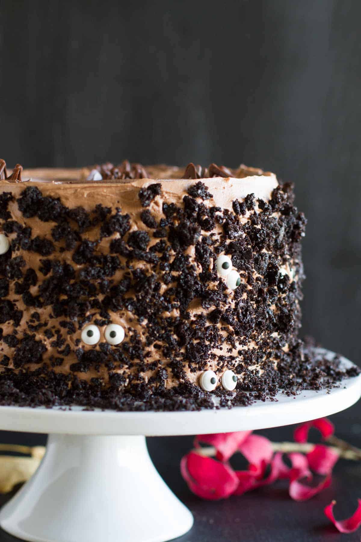 Dark Chocolate Cake with Nutella Buttercream with candy eyes on the outside for Halloween.