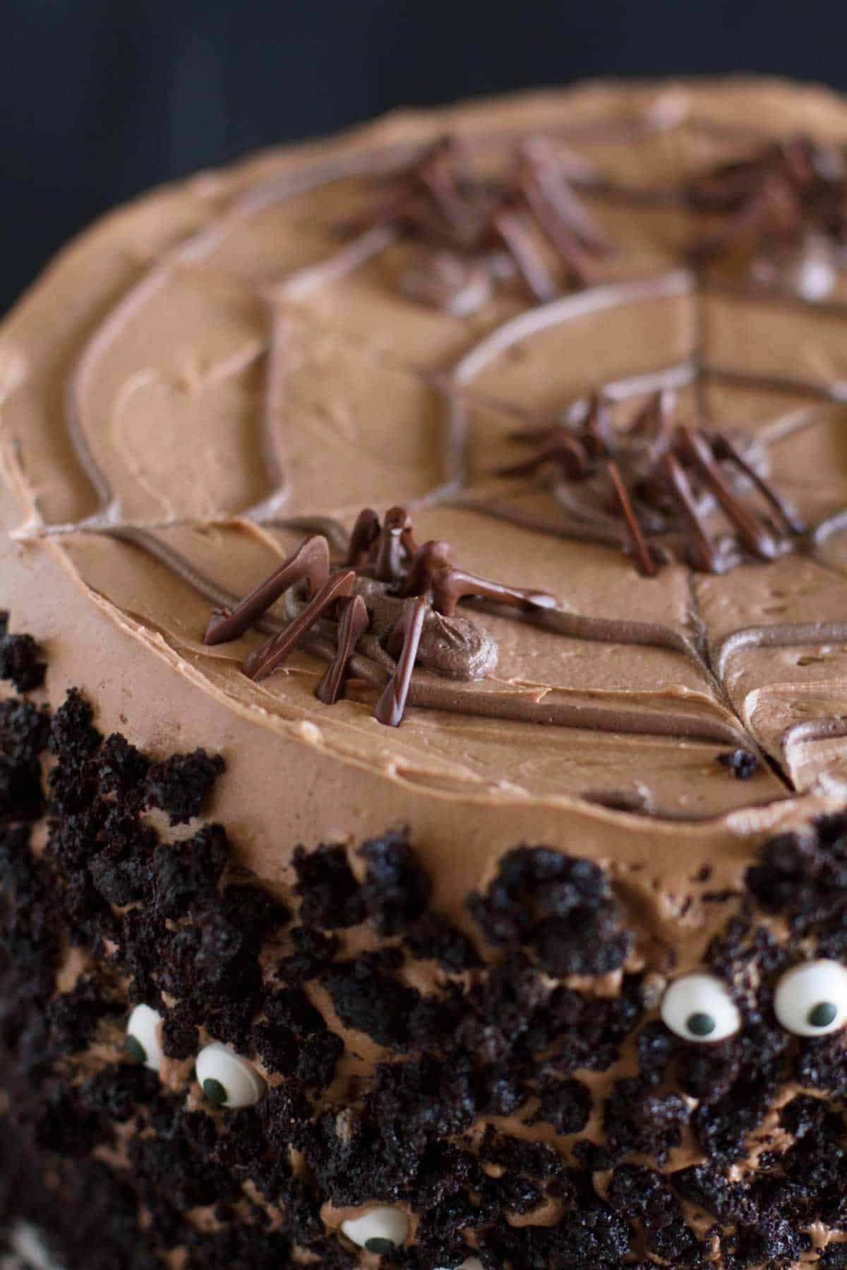 Halloween Cake Ideas - Dark Chocolate Cake with Nutella Buttercream with chocolate spiders on top.
