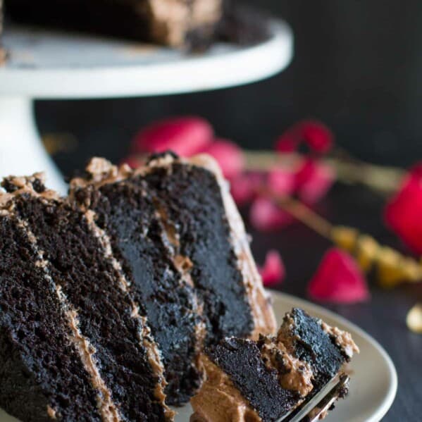 Slice of the perfect Dark Chocolate Cake Recipe with Nutella Buttercream.