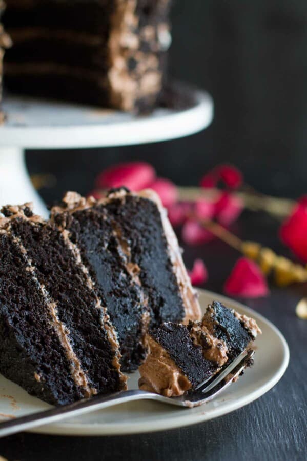 Slice of the perfect Dark Chocolate Cake Recipe with Nutella Buttercream.