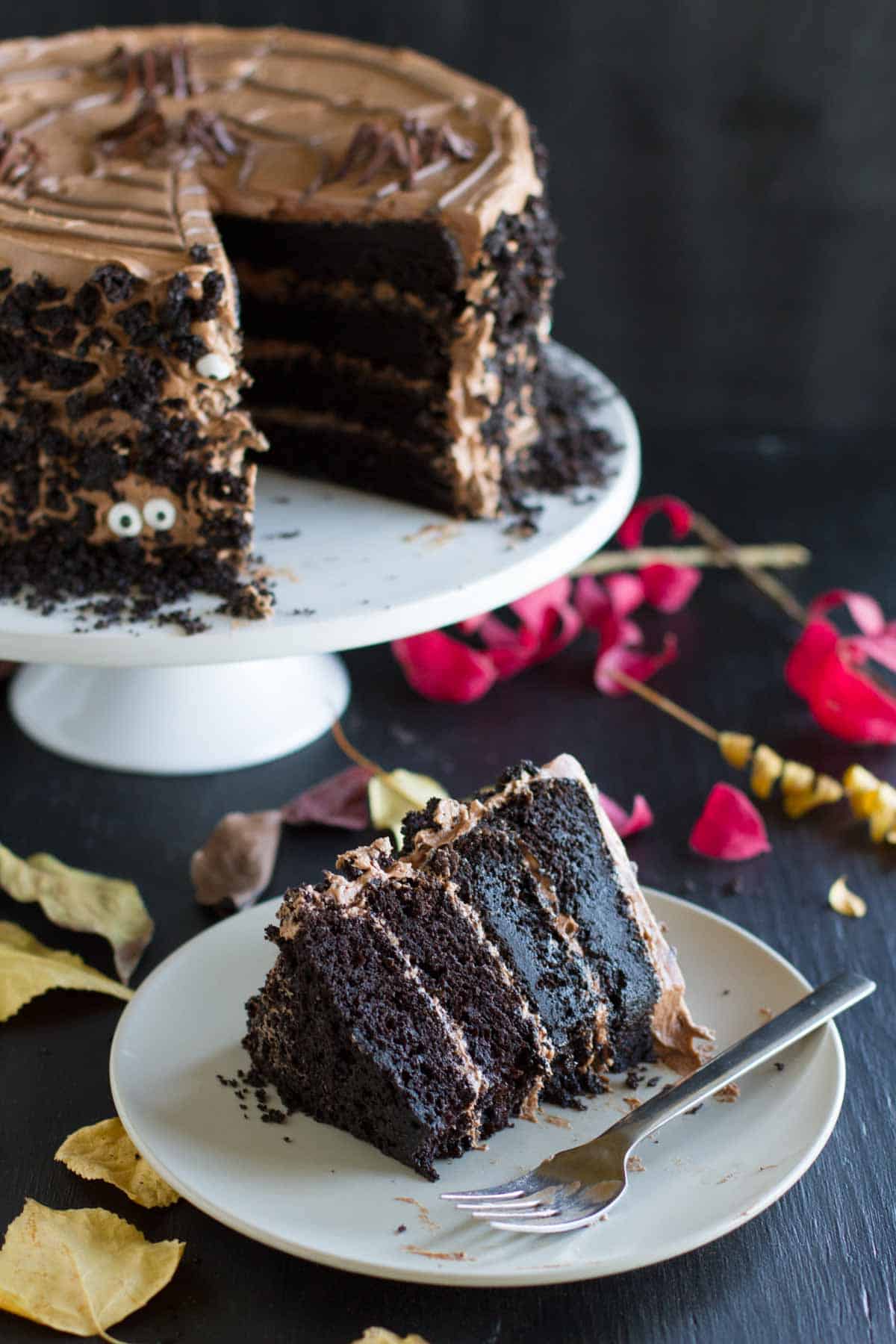 Partly eaten slice of the Best Chocolate Cake Recipe.