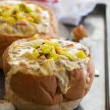 Crock Pot Cheeseburger Soup in a Bread Bowl