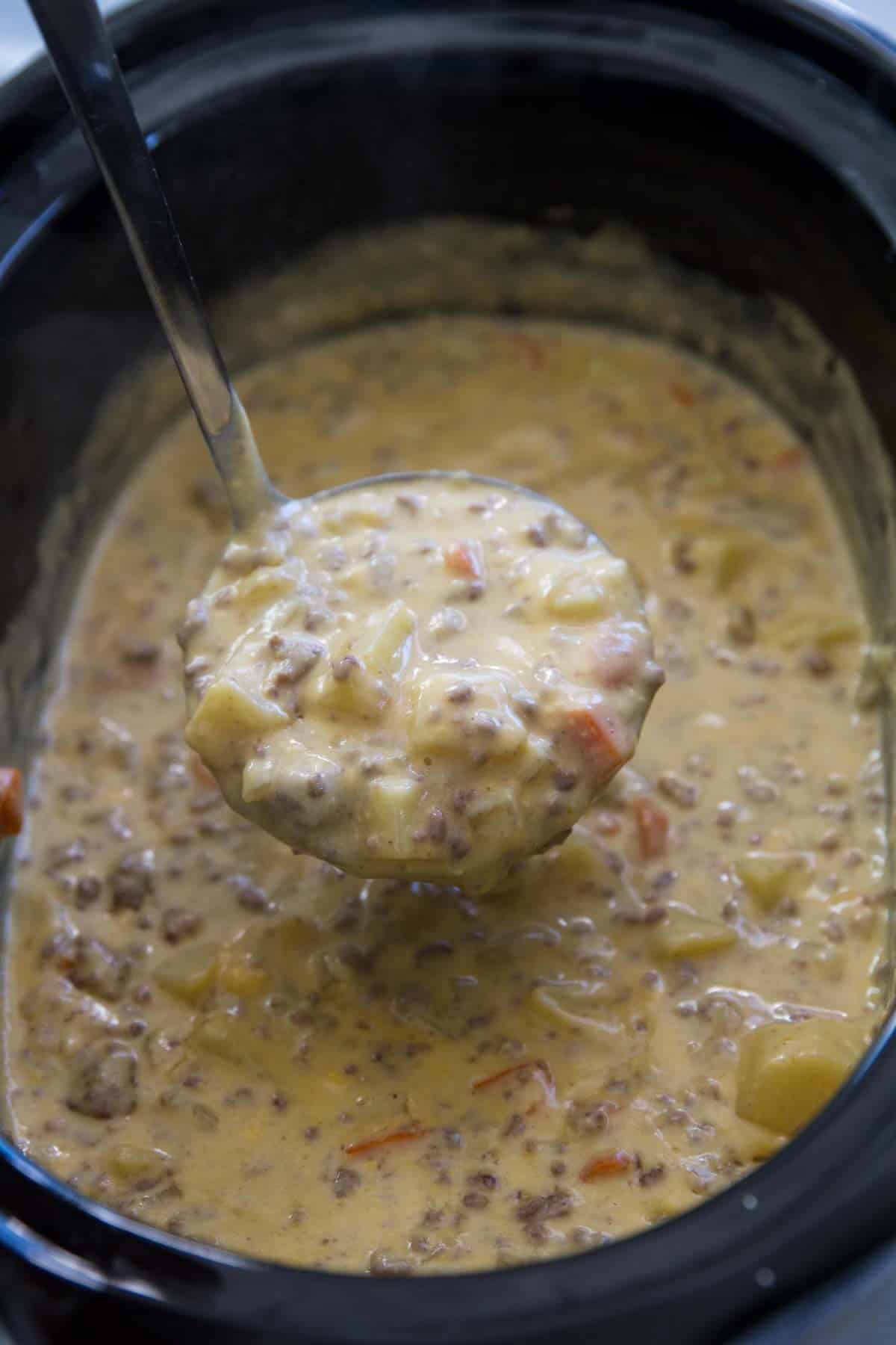 slow cooker cheeseburger soup in a crock pot