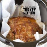 full turkey meatloaf in a slow cooker with text overlay