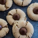 Peanut Butter Cookies with Chocolate Kisses on top stacked