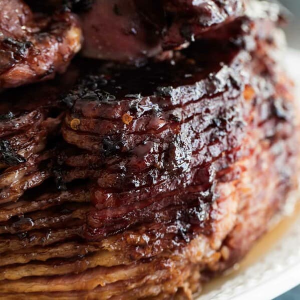 close up of ham with Sweet and Spicy Ham Glaze