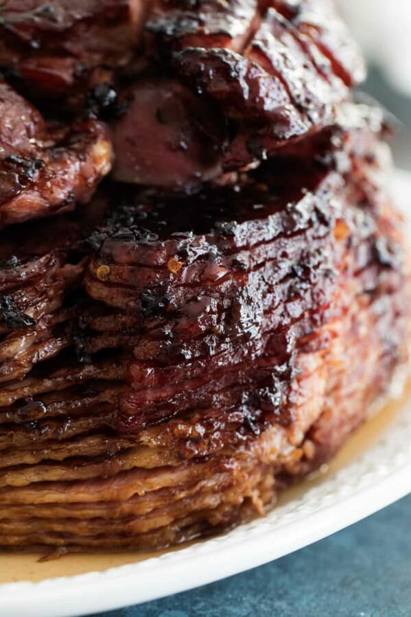 close up of ham with Sweet and Spicy Ham Glaze