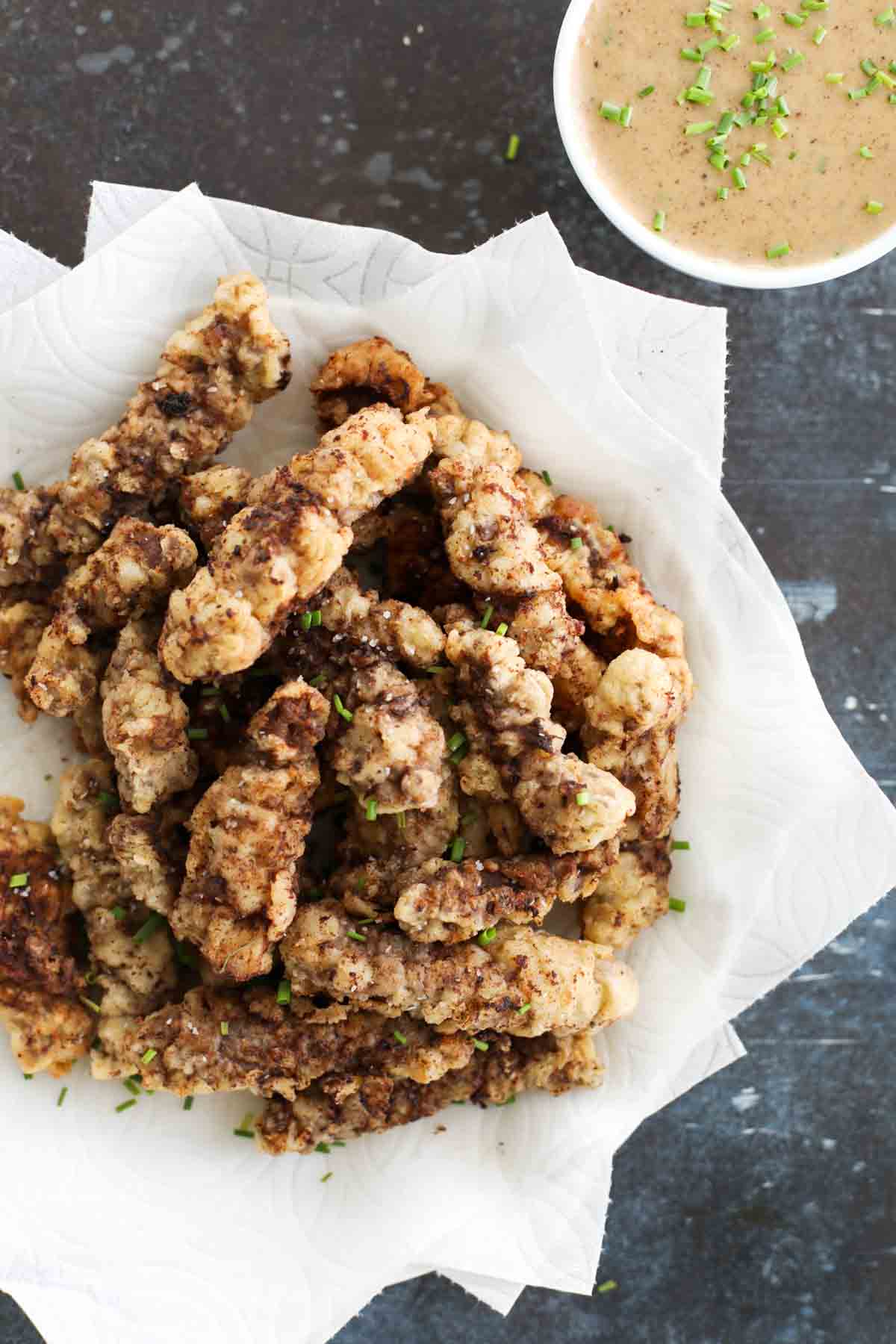 Chicken Fried Steak Fingers with homemade gravy dipping sauce.