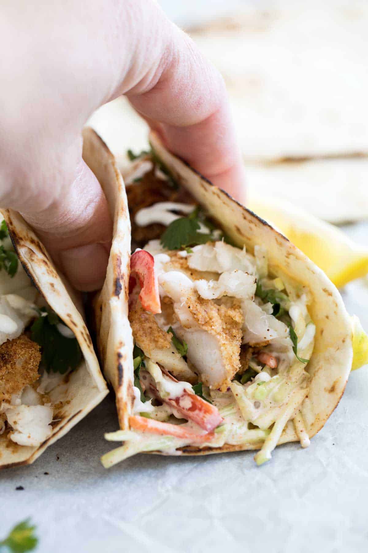 Easy Fish Taco Recipe with slaw and lime sour cream.