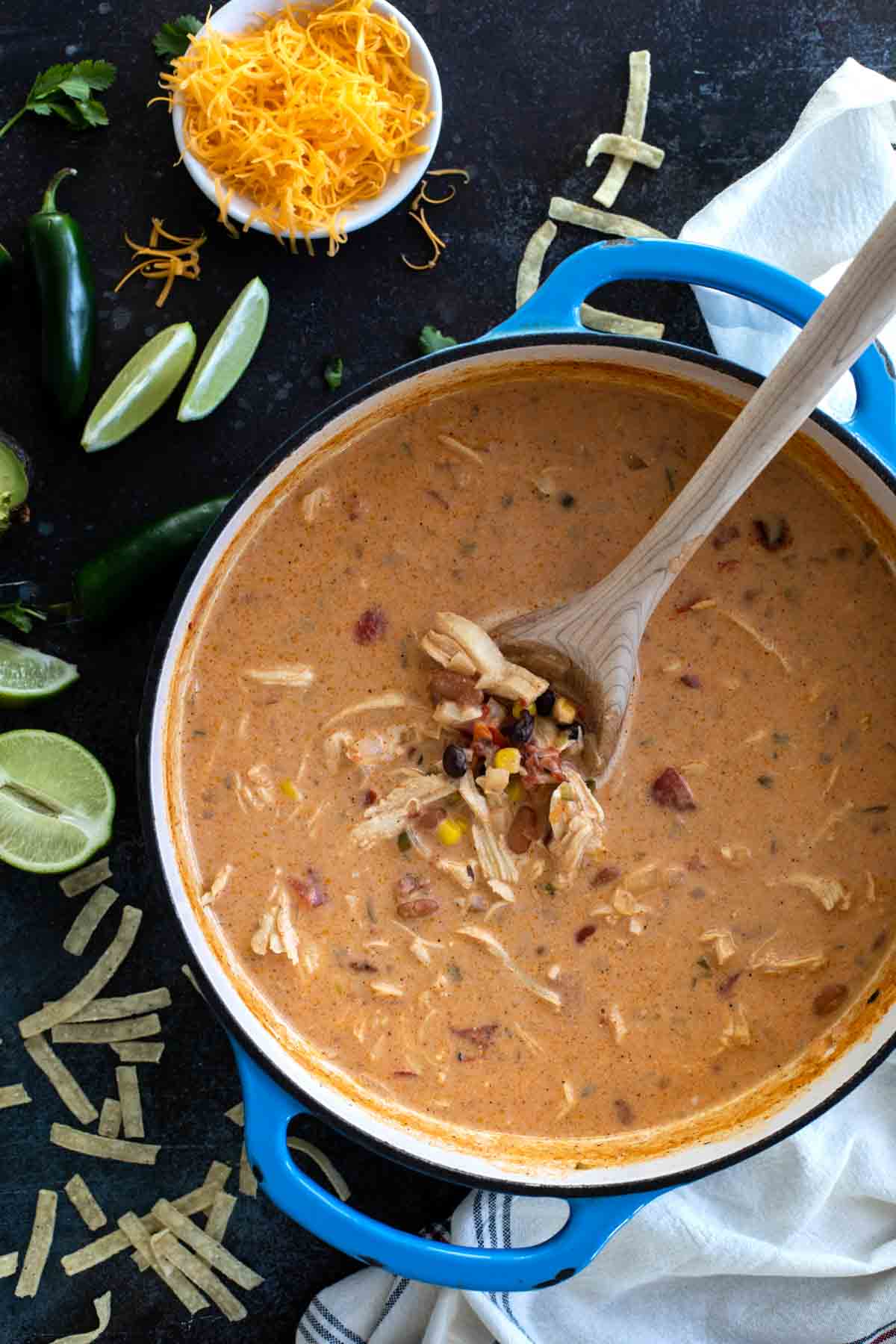 overhead view of Pot of Creamy Chicken Tortilla Soup