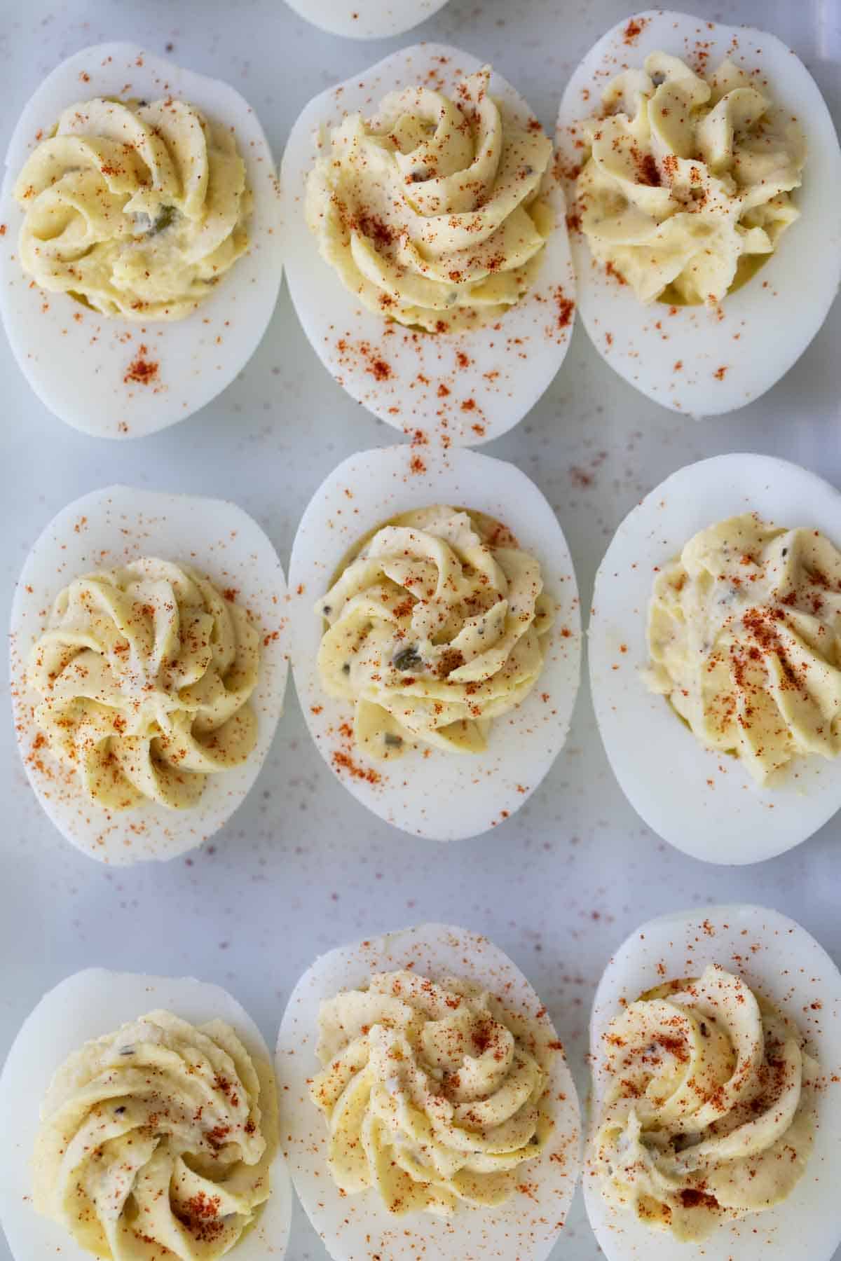 overhead view of deviled eggs on a platter