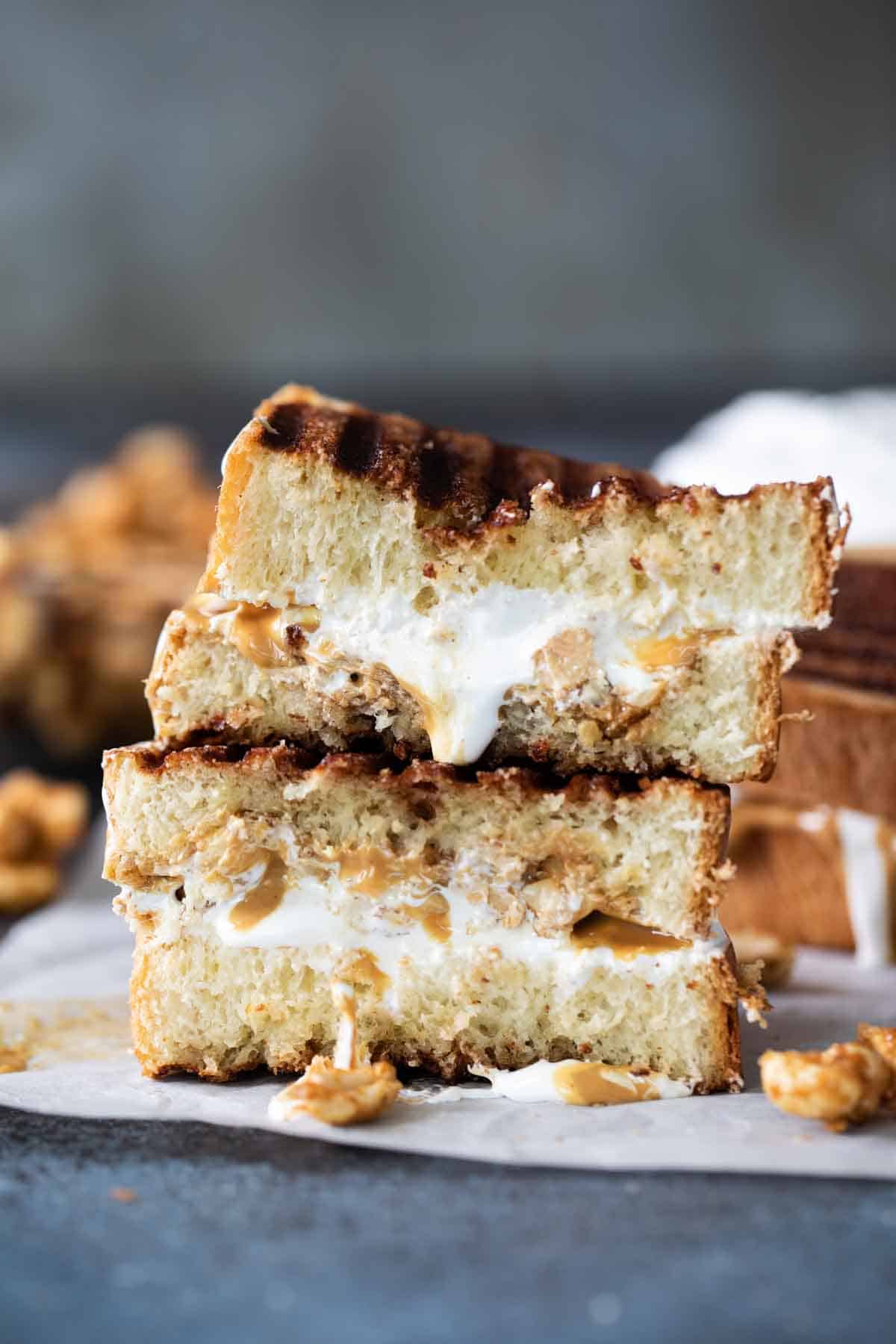 Fluffernutter sandwich cut in half and stacked.