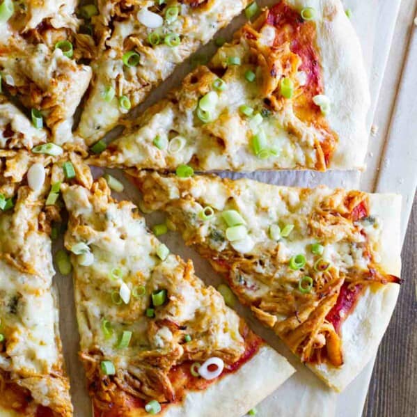buffalo chicken pizza topped with cheese and green onions