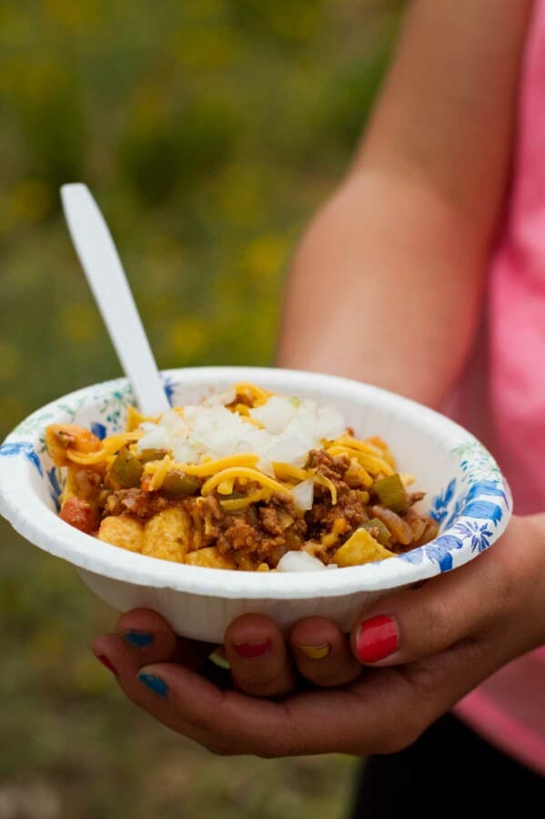 Bowl of Frito Pie made in the Dutch oven