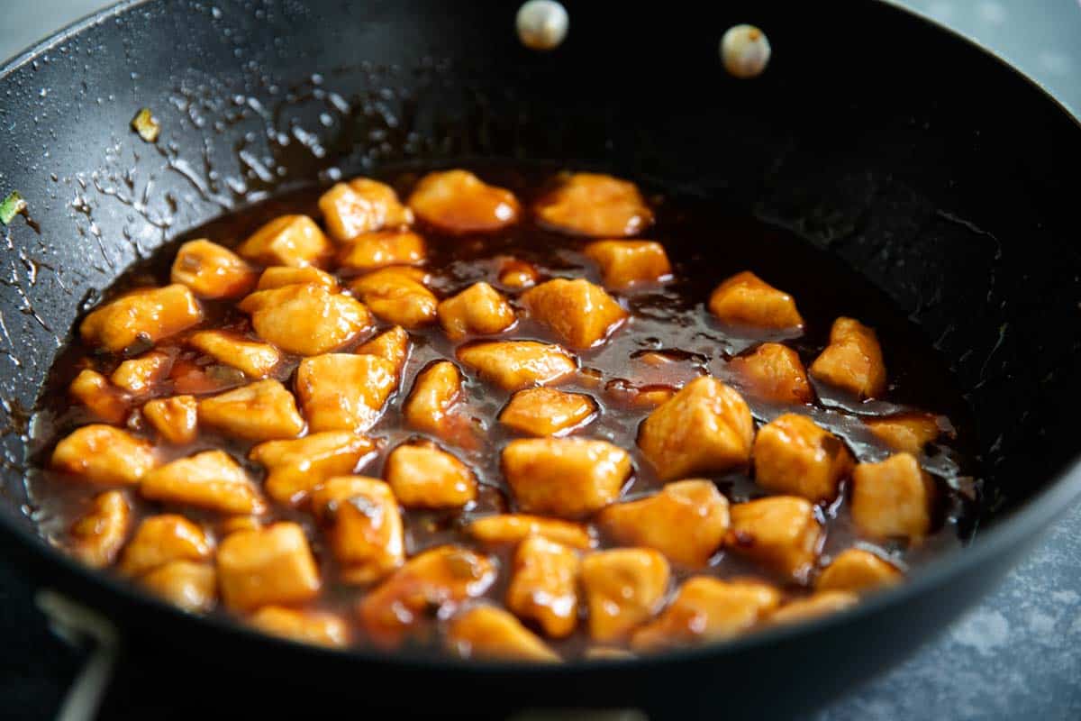 skillet with chicken and general tso sauce