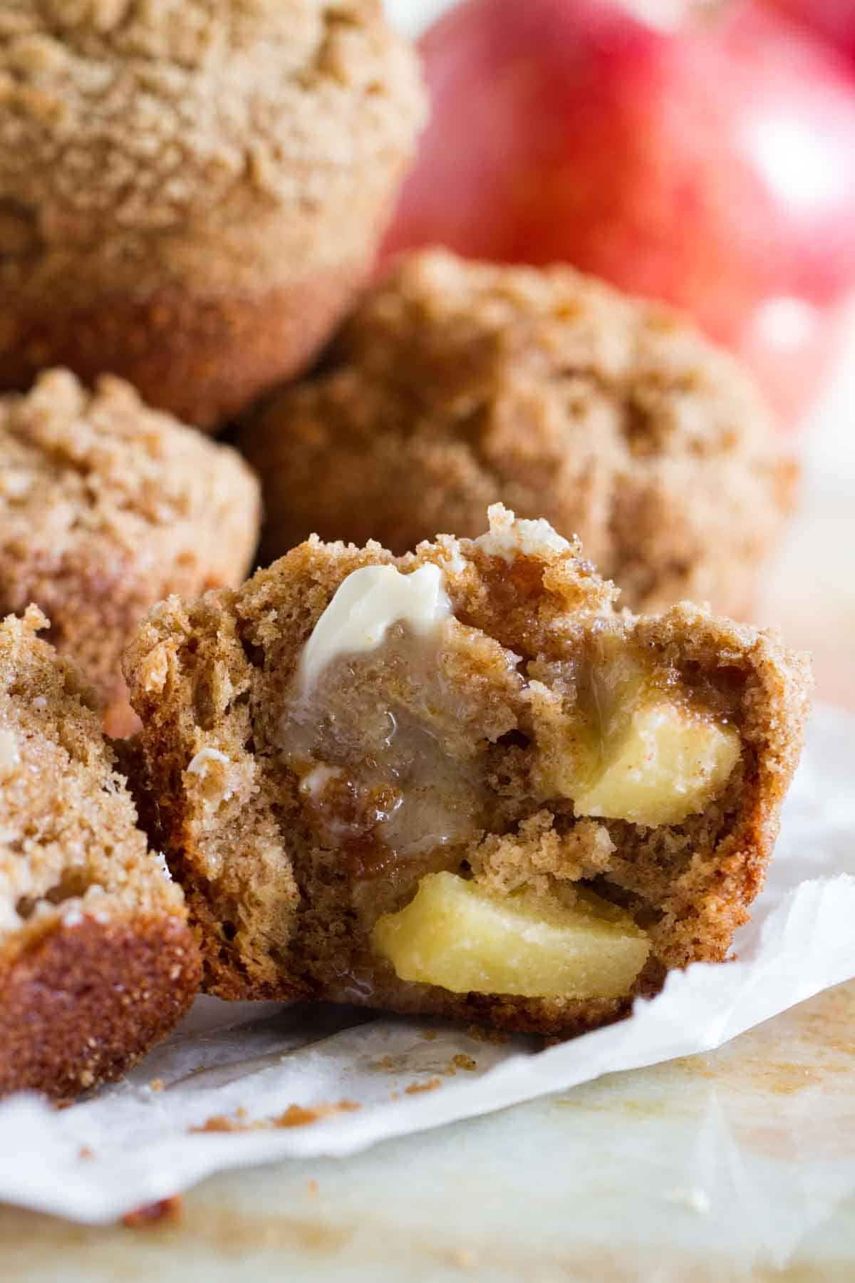 Apple Muffin broken open showing the fresh apples