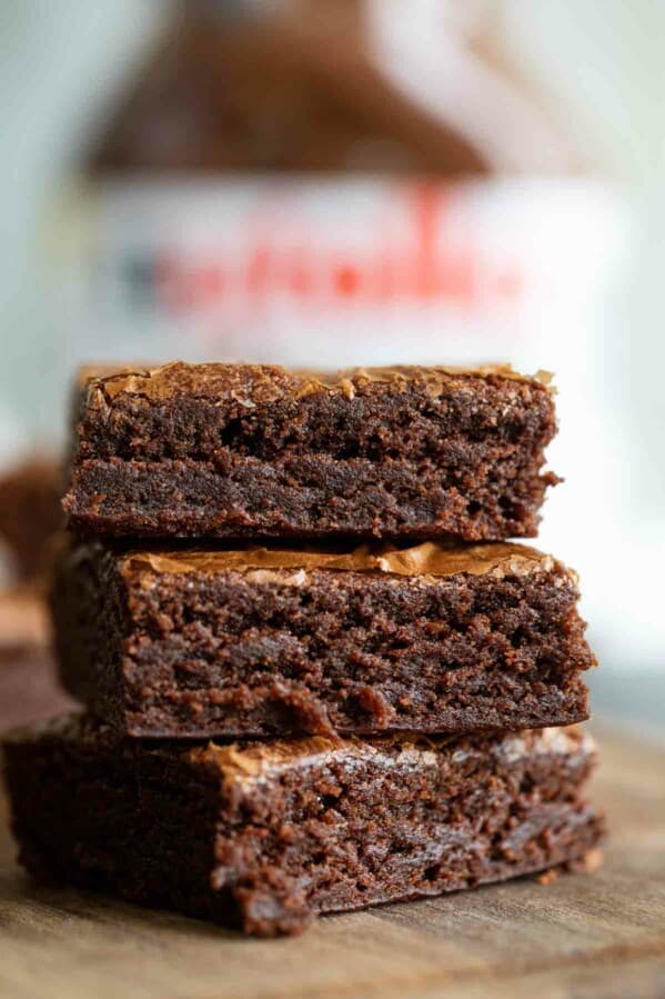 3 Nutella brownies stacked on top of each other.