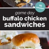 Buffalo Chicken Sandwiches collage with text bar in the middle.