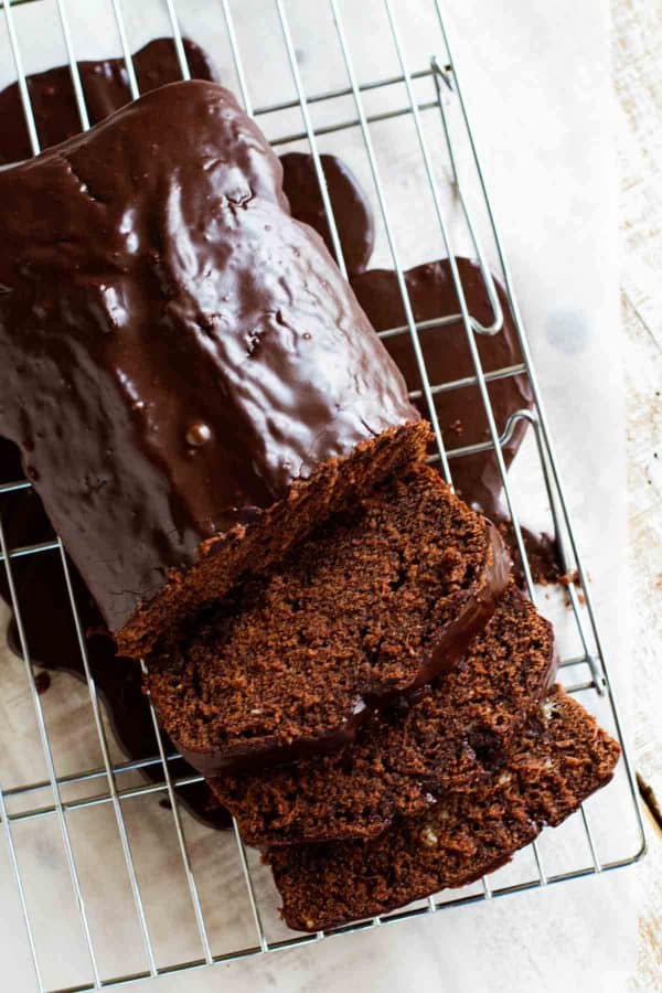 Chocolate Pound Cake with Chocolate Glaze cut into slices.