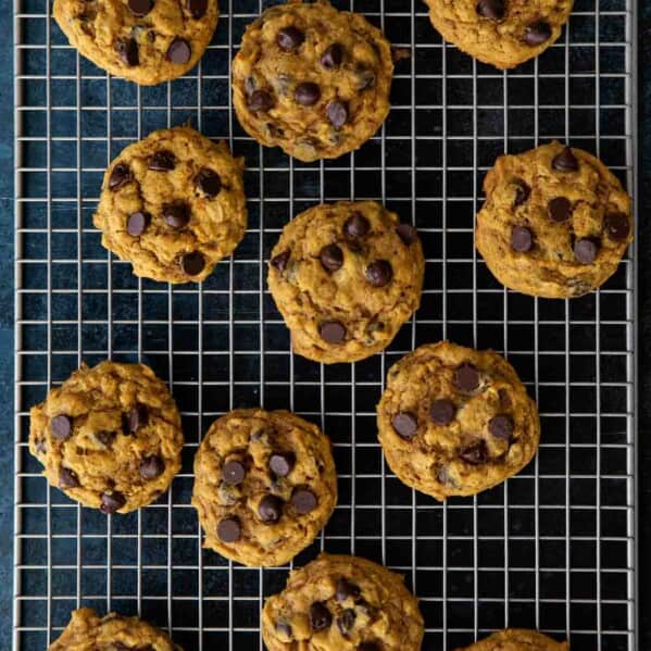 Oatmeal Pumpkin Chocolate Chip Cookies on a cooling rack.