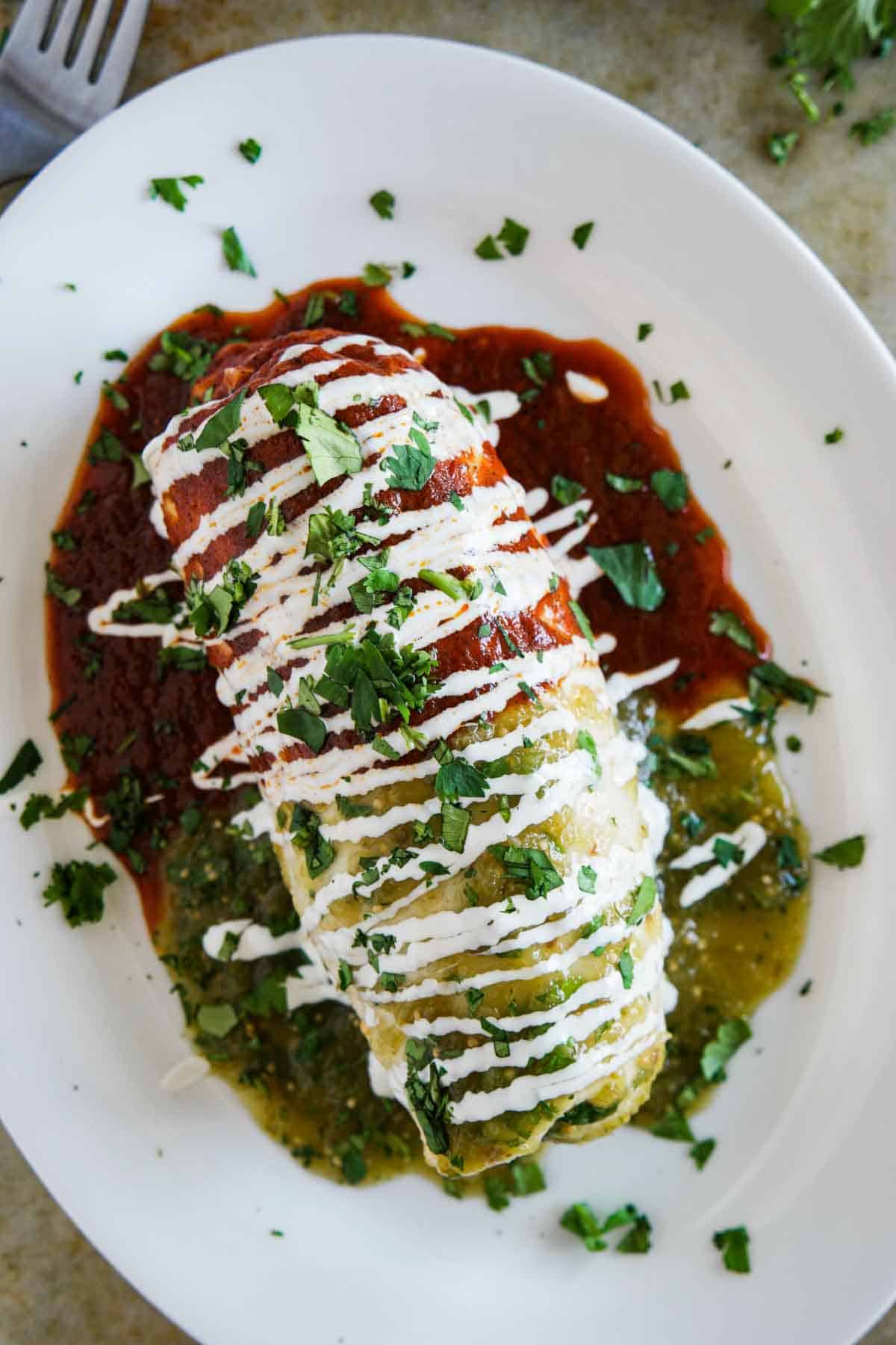 Chicken Burritos Smothered with Red and Green Sauce