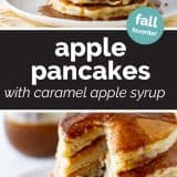 Apple Pancakes with Caramel Apple Syrup with text in the center