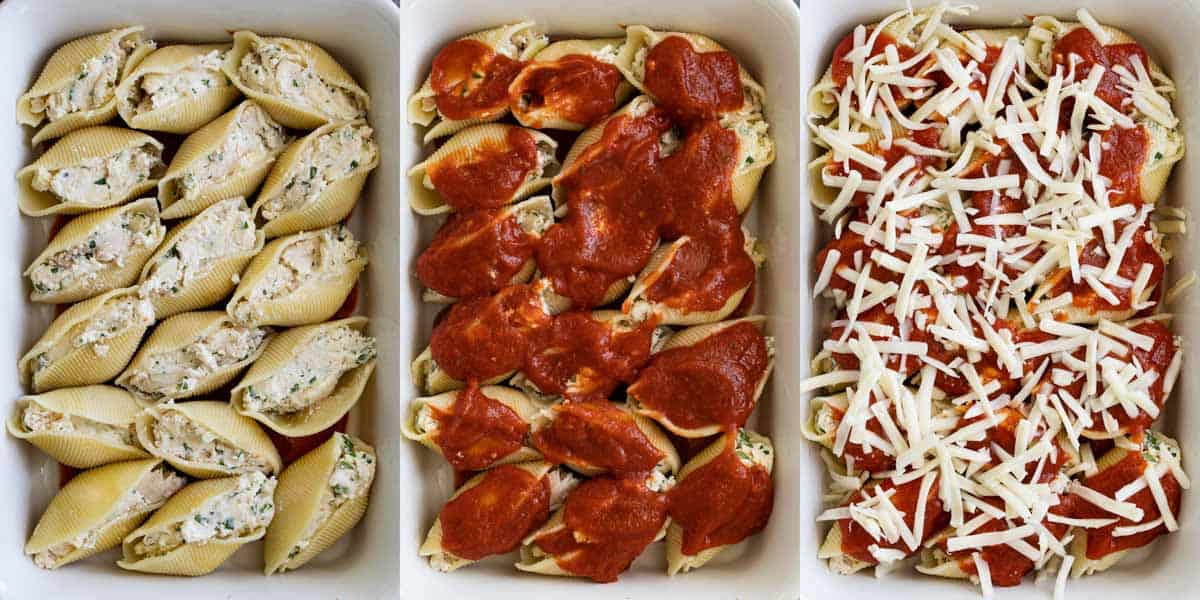 How to Make pasta shells stuffed with chicken showing layering