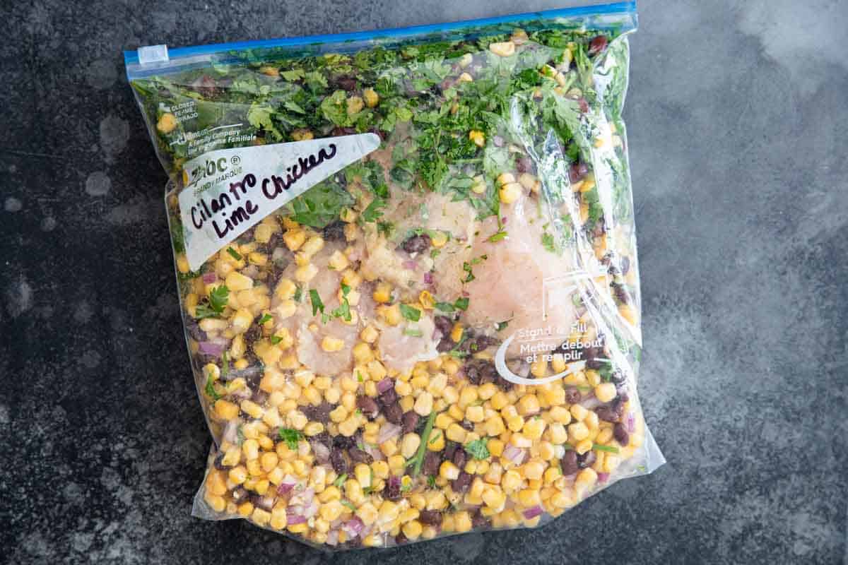 Freezer to slow cooker meal in a ziplock bag.