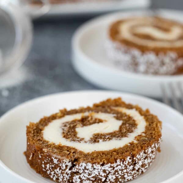 slice of pumpkin roll on a plate