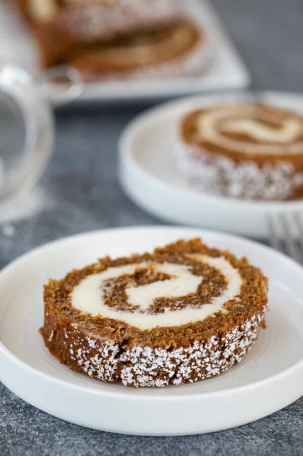 slice of pumpkin roll on a plate