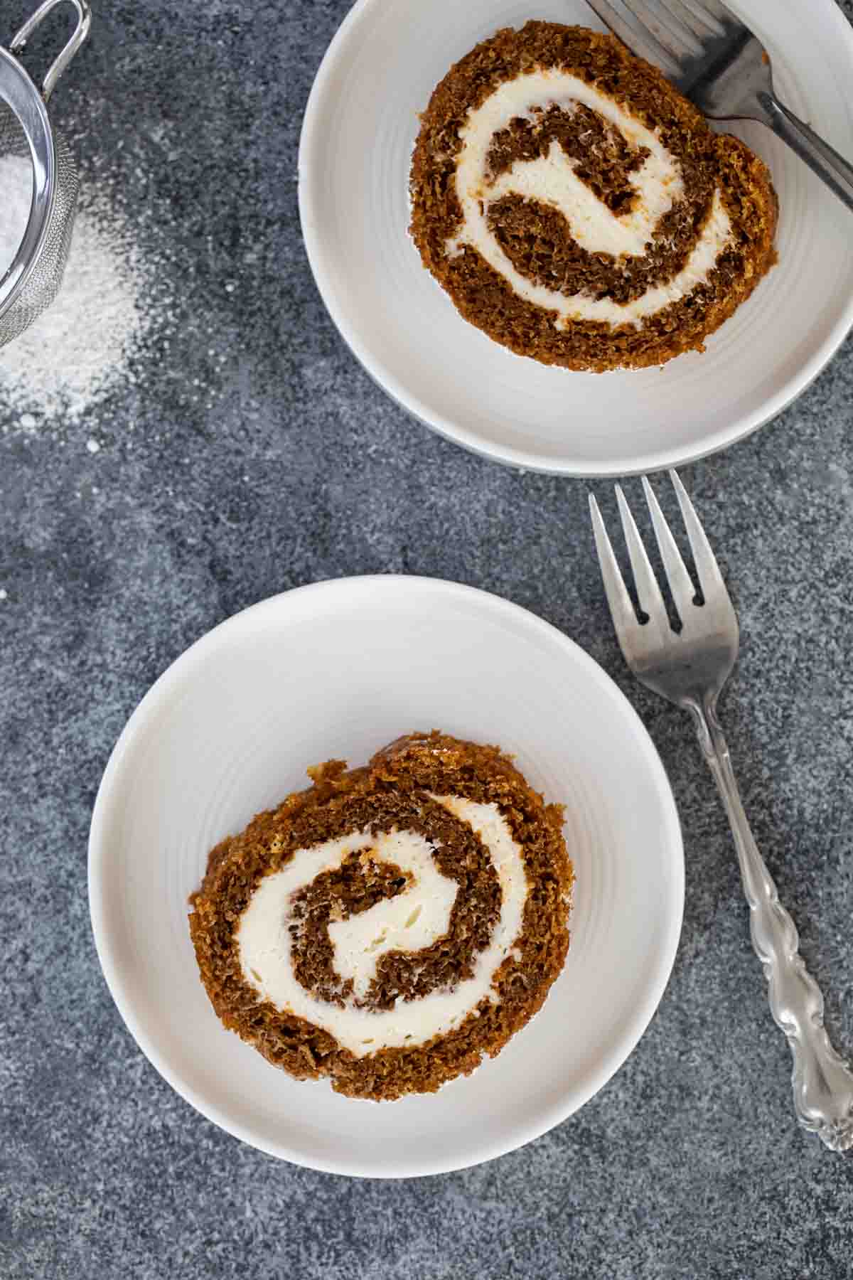overhead view of slices of pumpkin roll