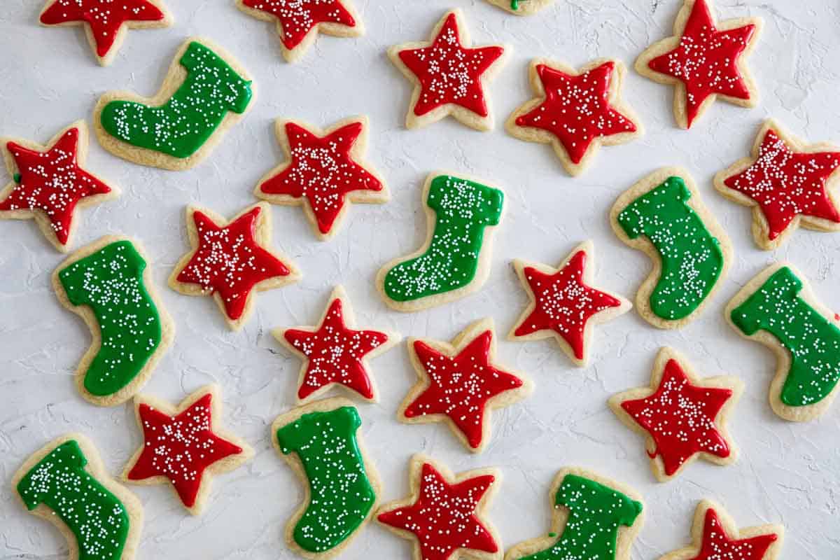 overhead view of soft sugar cookies with icing