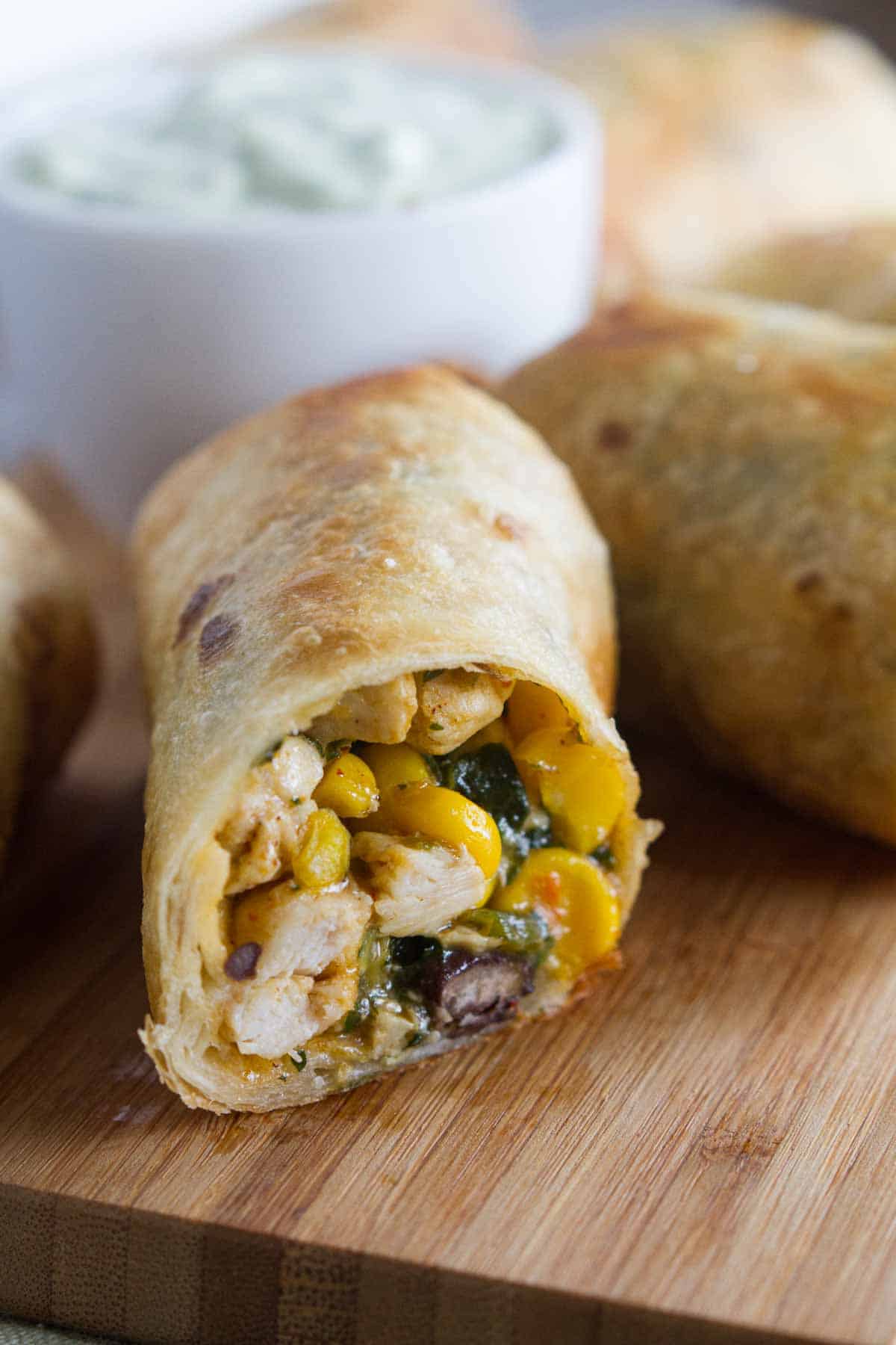 These Southwest Egg Rolls are a family favorite - filled with chicken, corn, beans, spinach and tex-mex spices. Serve with Avocado Ranch Dipping Sauce. Filling for Southwest Egg Rolls