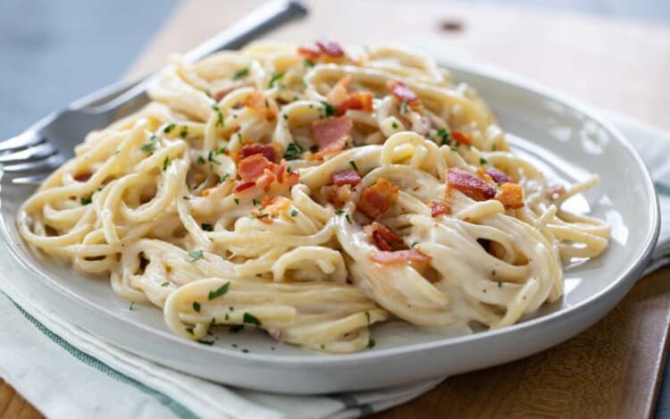 Plate of Alfredo Pasta with Bacon