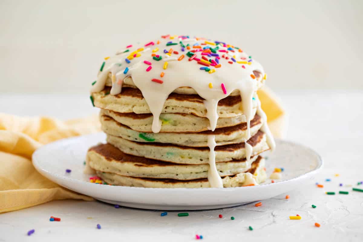 plate with funfetti pancakes stacked