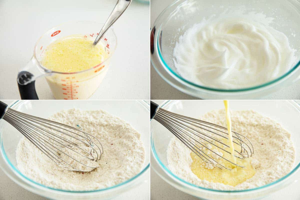 Perfect for a special occasion, there’s no better way to celebrate than with these Funfetti Pancakes! These cake flavored pancakes are filled with sprinkles and then topped with more sprinkles and a delicious frosting. photos showing steps for Batter for Funfetti Pancakes