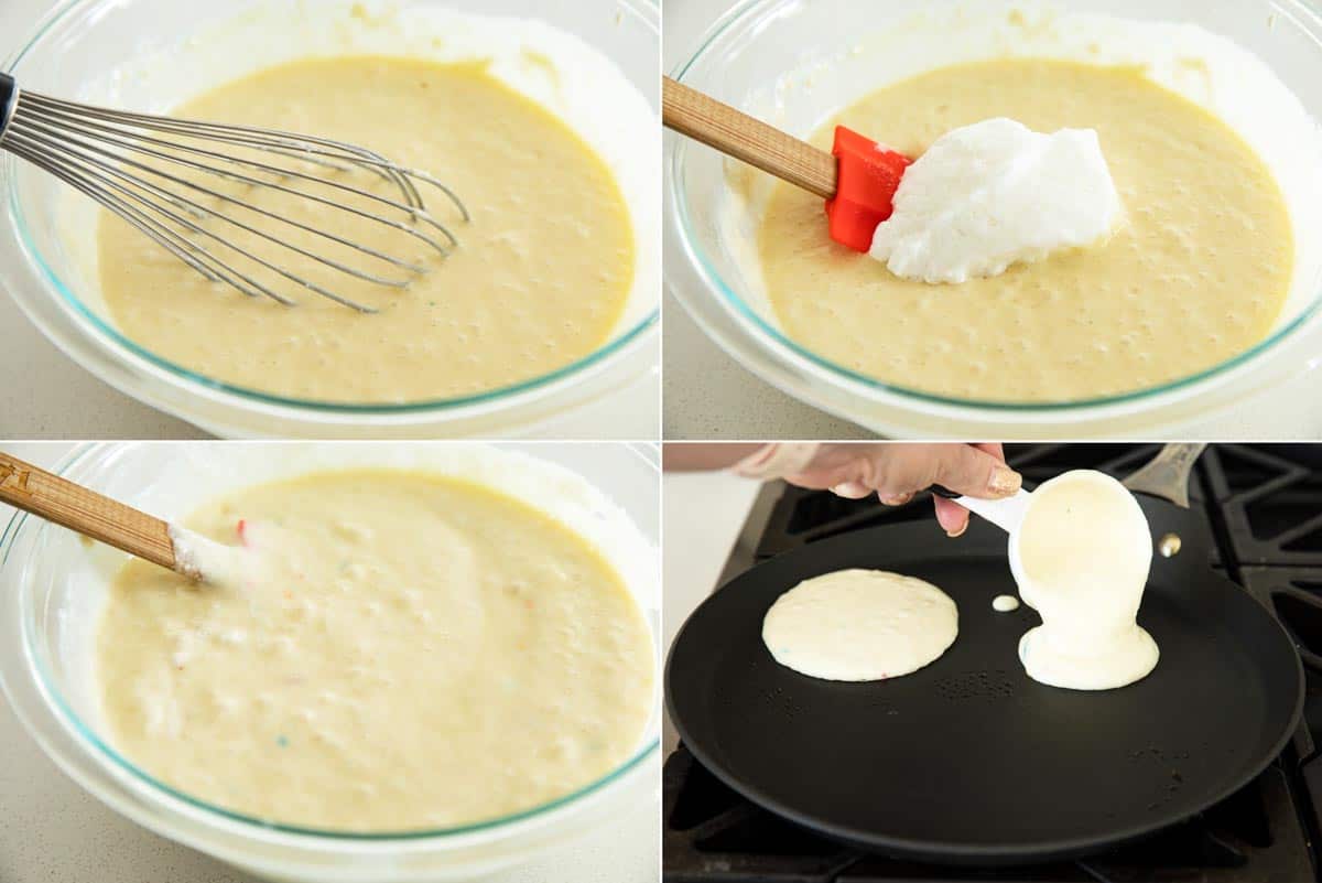 Perfect for a special occasion, there’s no better way to celebrate than with these Funfetti Pancakes! These cake flavored pancakes are filled with sprinkles and then topped with more sprinkles and a delicious frosting. Four photos showing pancake batter and cooking pancakes