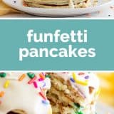 Funfetti Pancakes with text bar in the middle