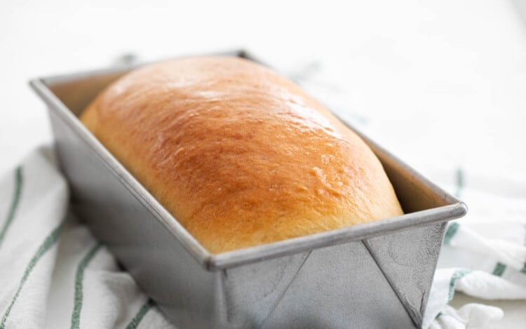 loaf of homemade white bread in a pan