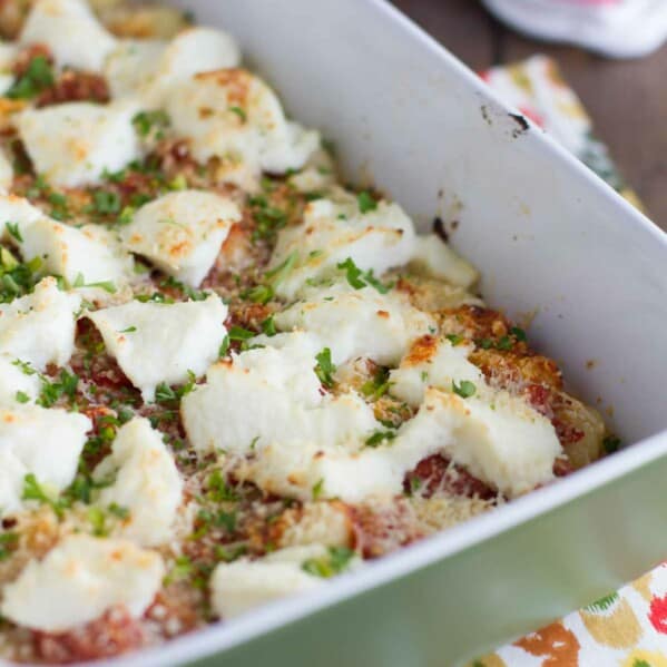 Gnocchi topped with ricotta and baked in a baking dish