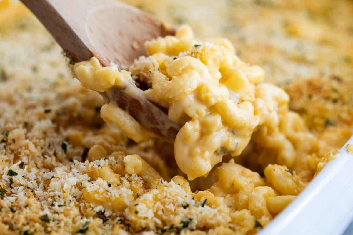 scoop of creamy mac and cheese