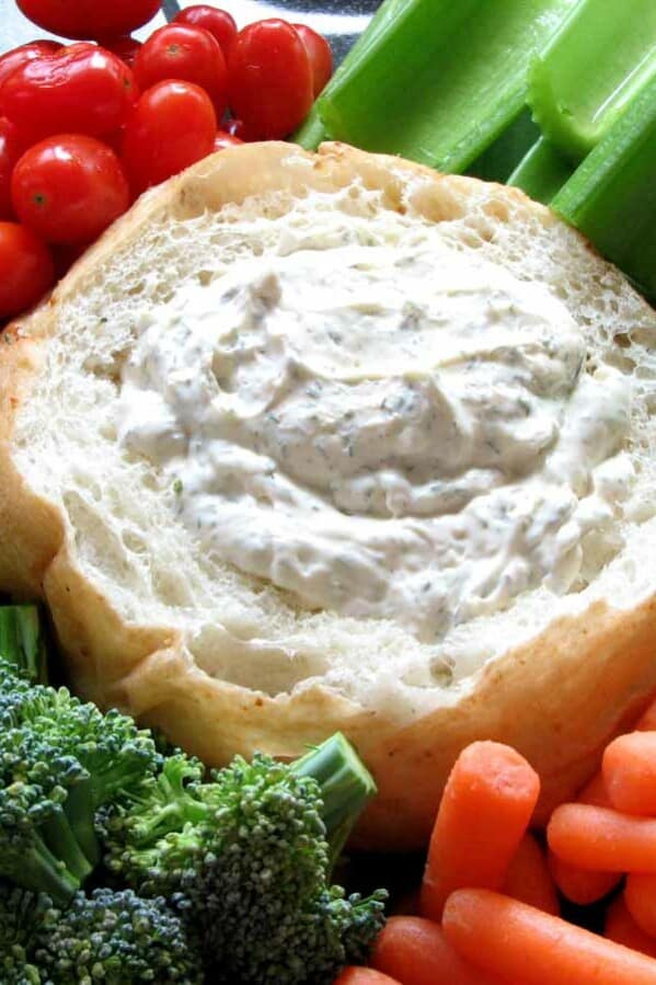 dill dip in a bread bowl