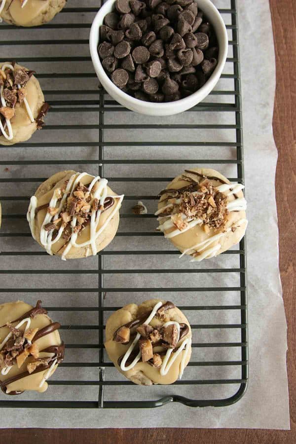 cookies topped with toffee and chocolate