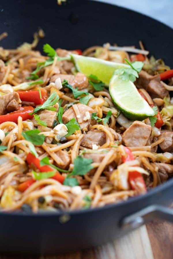 pork stir fry with noodles and peppers