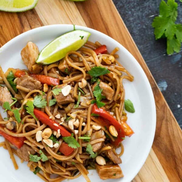 serving of pork stir fry and noodles