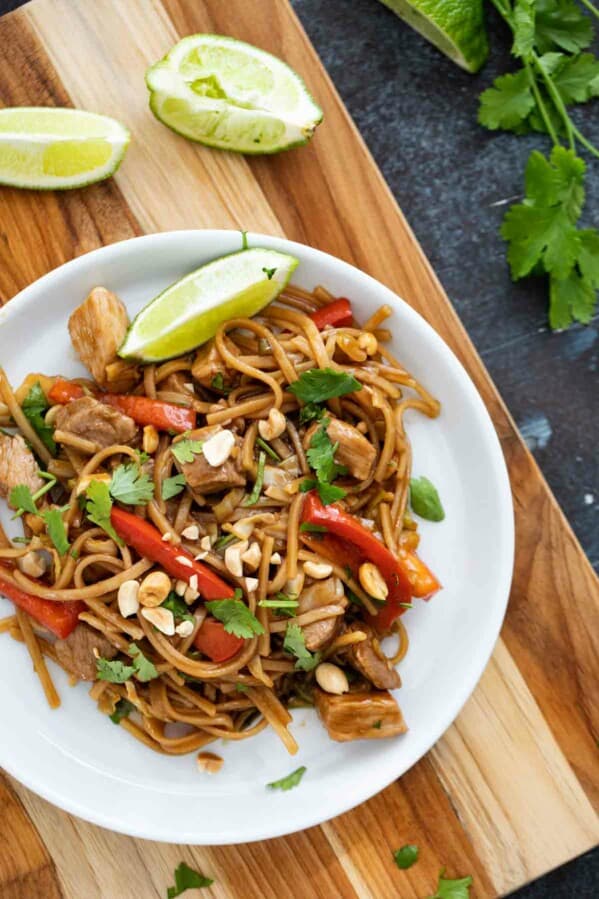 serving of pork stir fry and noodles