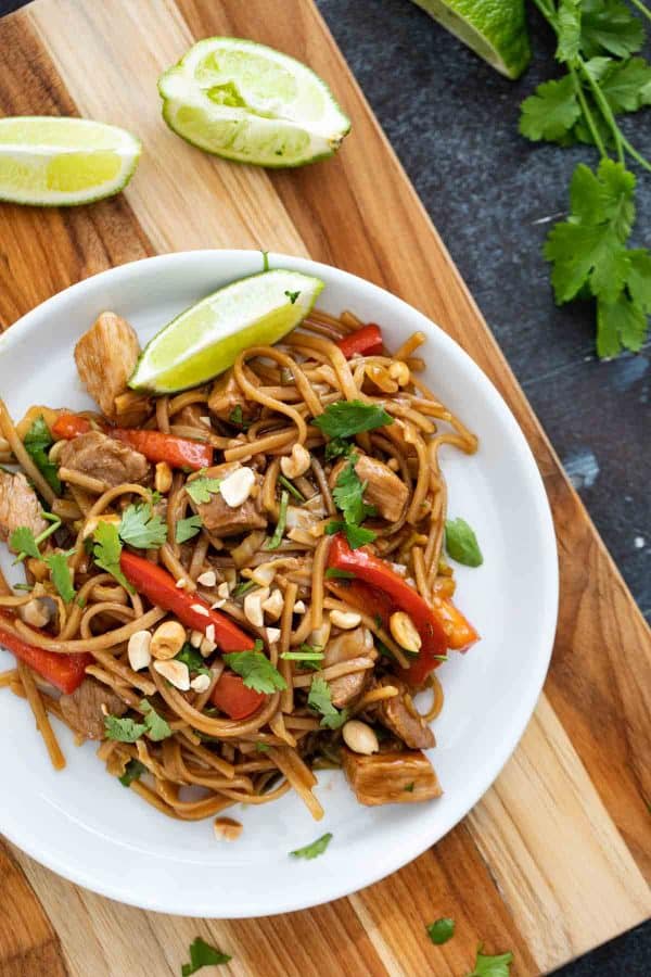 serving of pork stir fry and noodles